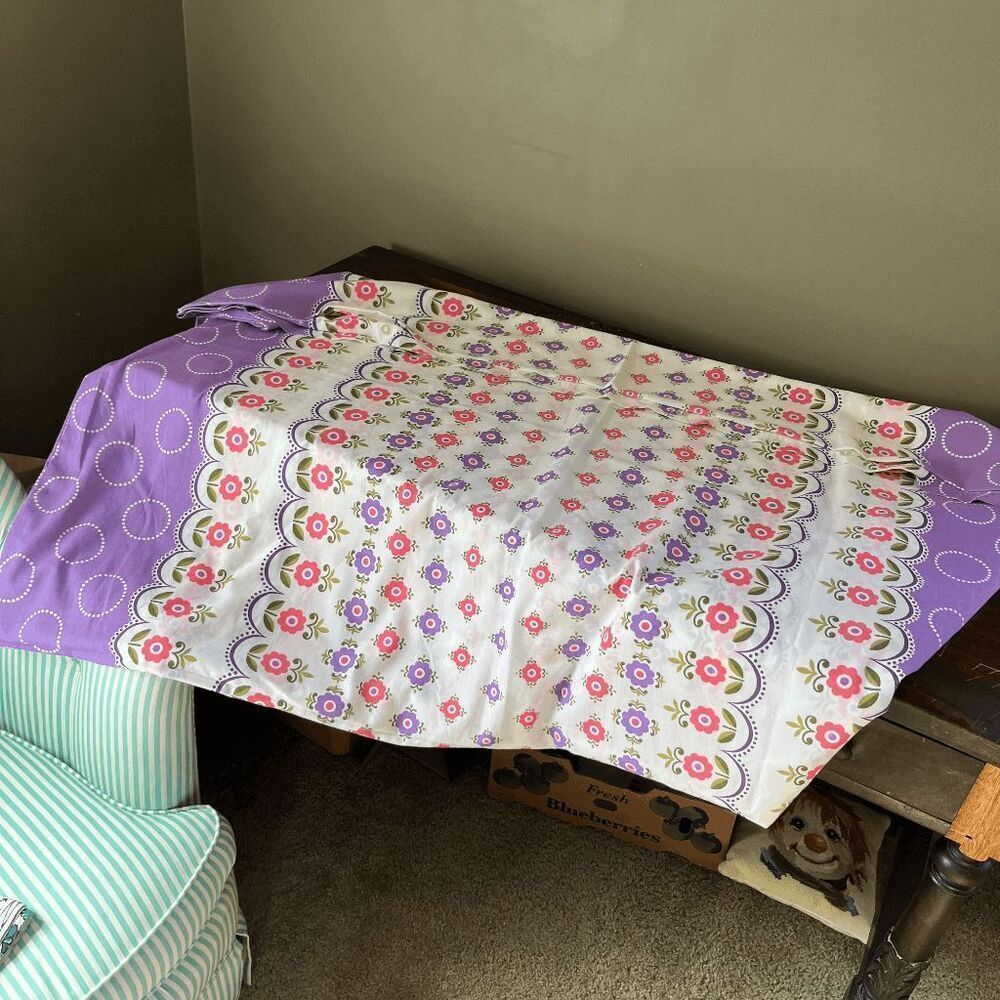 VTG 70s Purple Floral Cotton Duvet Cover 76x50 Folk Stripe Coquette Cottagecore